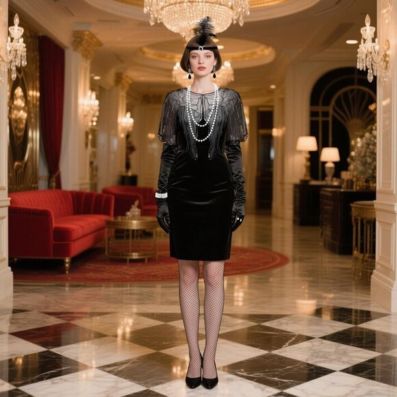 1920s Flapper Costume Accessories Set Sequin Shawl Feather Headpiece Pearl Neckl main image 5